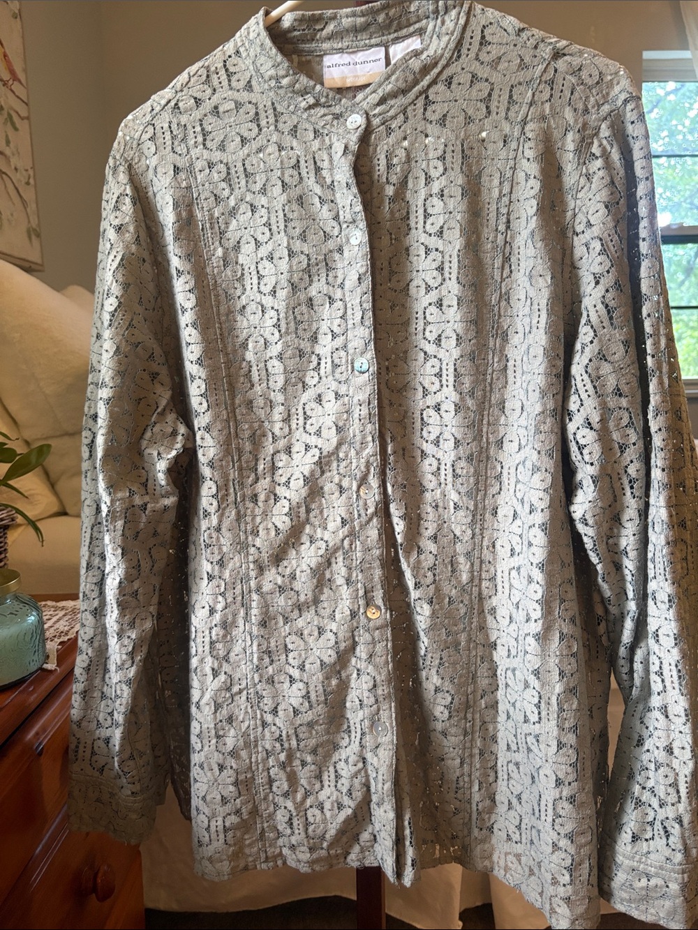 Alfred Dunner Light Olive Lace-Textured Button-Down Top